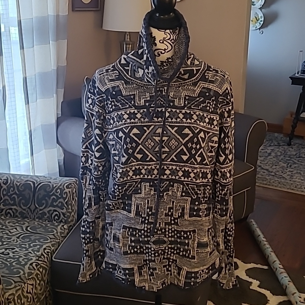 Chaps denim blue white print pullover sweater cowl neck sz large WT271